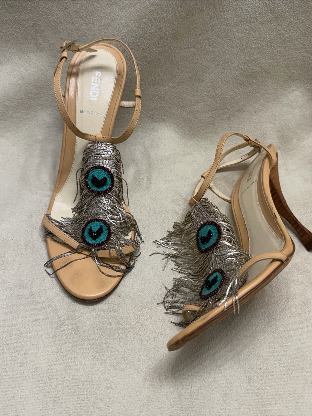 Fendi Peacock Leather Heeled Sandals with Teal Beaded Fringe